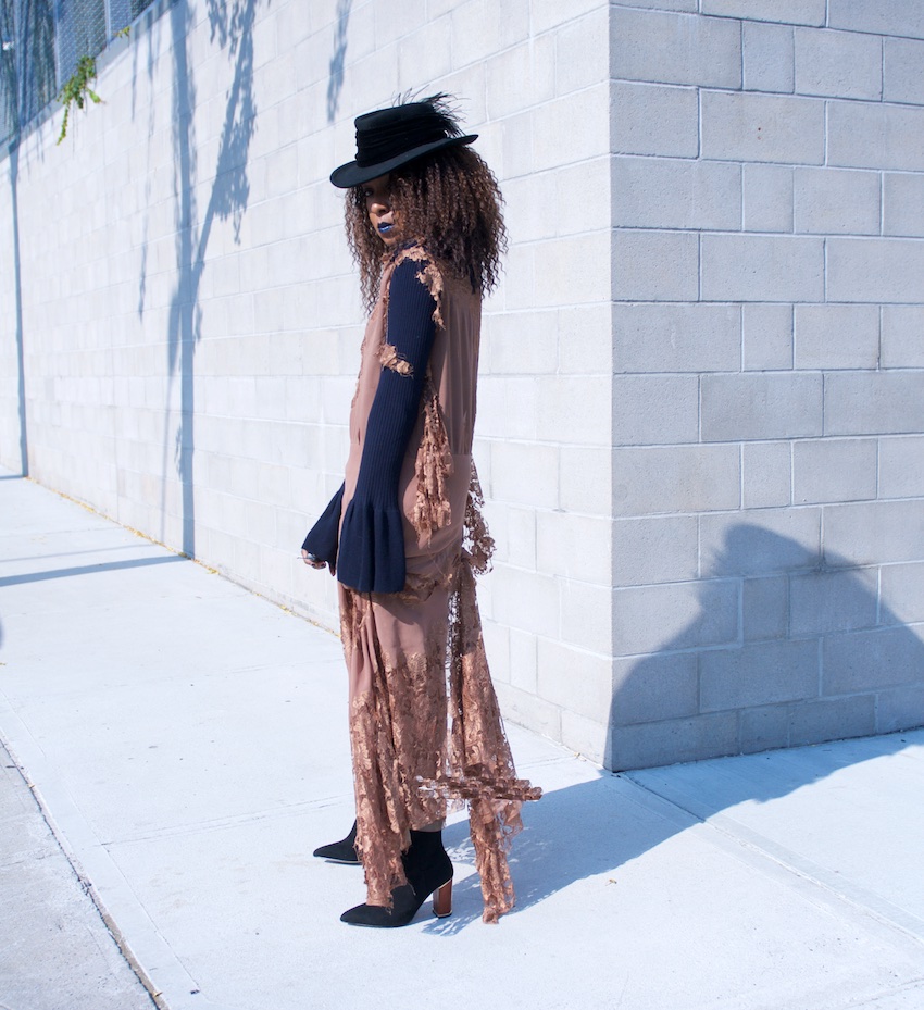 fashion blogger Karen Blanchard in long lace maxi dress with Reiss black suede ankle boots