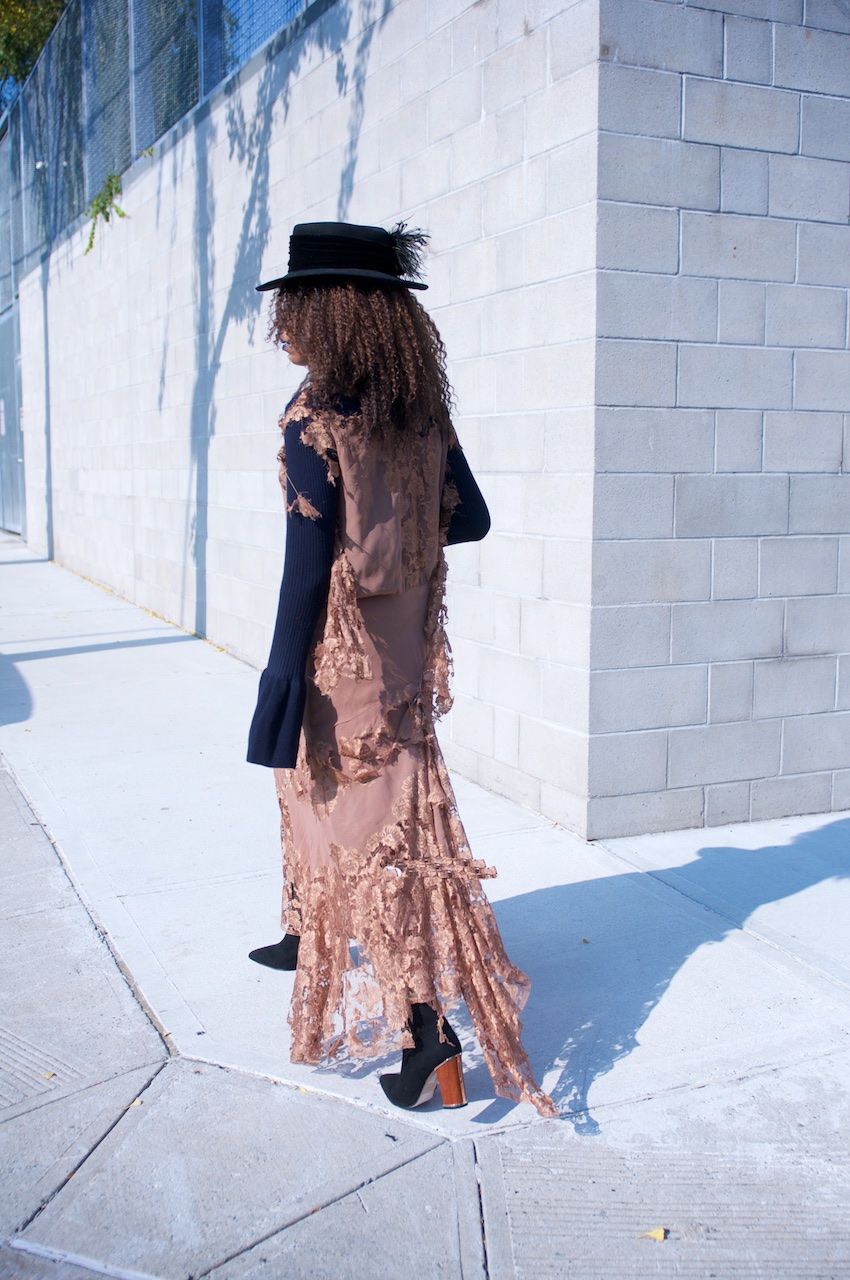 Suede black ankle boots with vintage lace dress and bell sleeve knit