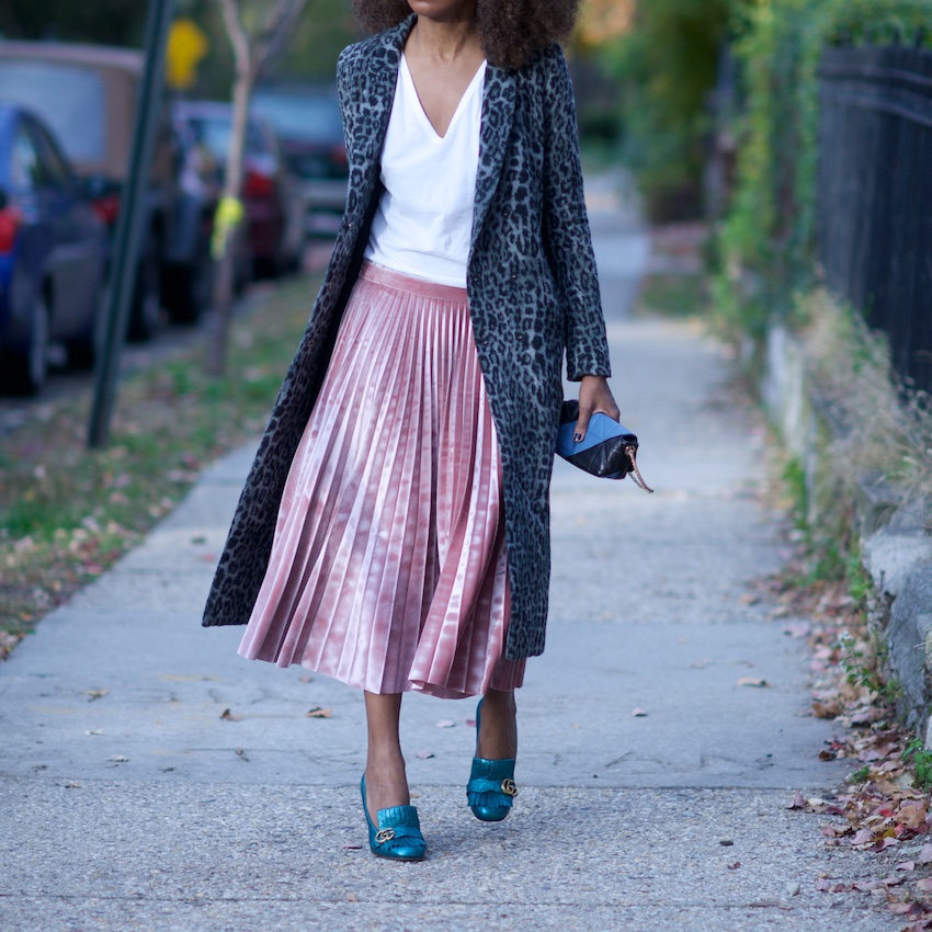pink velvet pleated skirt with Gucci metallic marmont shoes and sonia rykiel bag