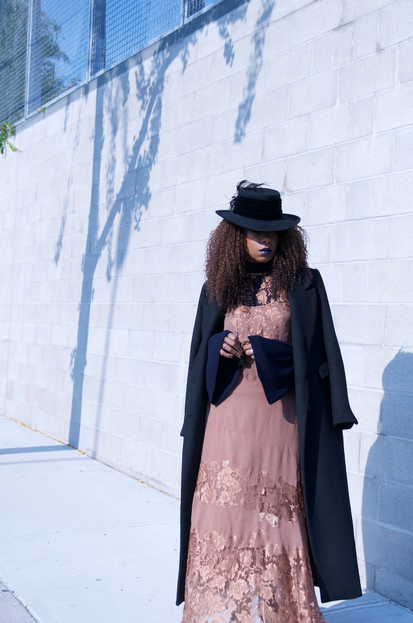 H&M black maxi coat with black fedora and lace vintage maxi dress and NYX metal lipstick