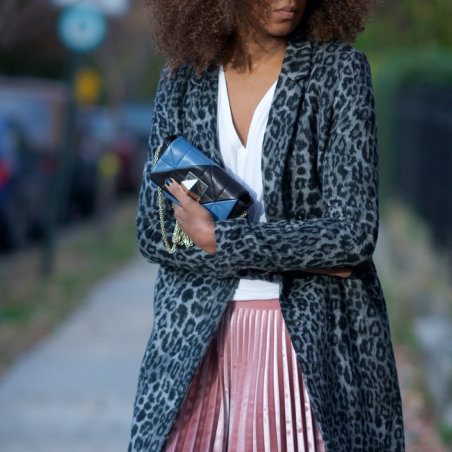 leopard print coat with pink velvet pleated skirt from topshop