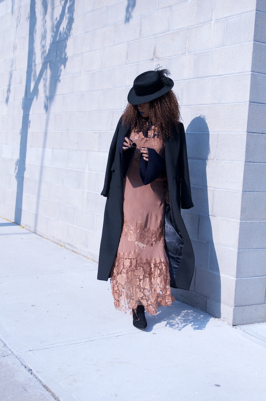 long black wool coat with pointy black ankle boots and long maxi dresses