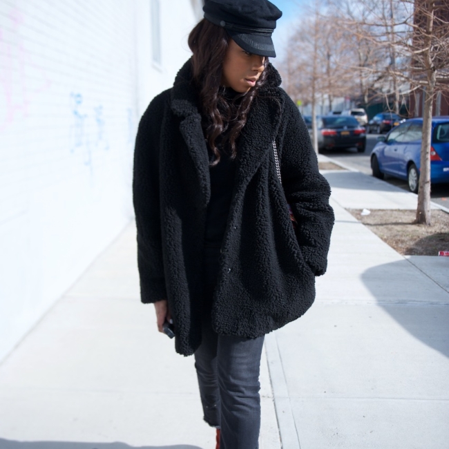 karen blanchard the fashion blogger wearing Zara ankle boots with a gucci dionysus bag and an H&M teddy coat