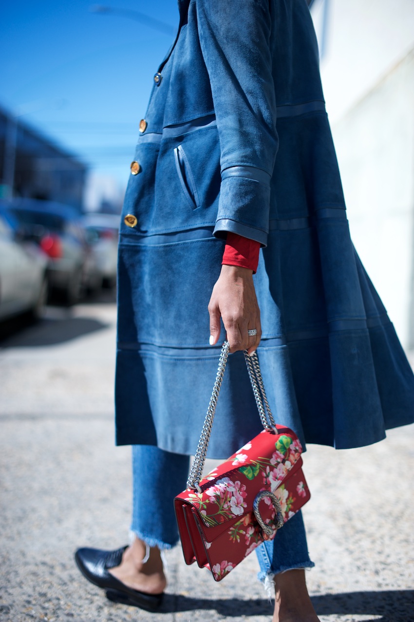 suede trench coats and Gucci blooms dionysus bag