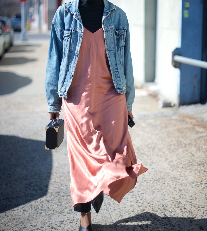 karen blanchard the fashion blogger wearing an H&M satin slip dress with a denim jacket