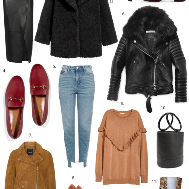 Madewell suede jacket, snake skin boots, block heel shoes, The Arrivals Rainer leather jacket, Gucci red loafers, leather skirt